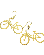 A pair of gold bicycle-shaped dangle earrings on a textured black fabric background.