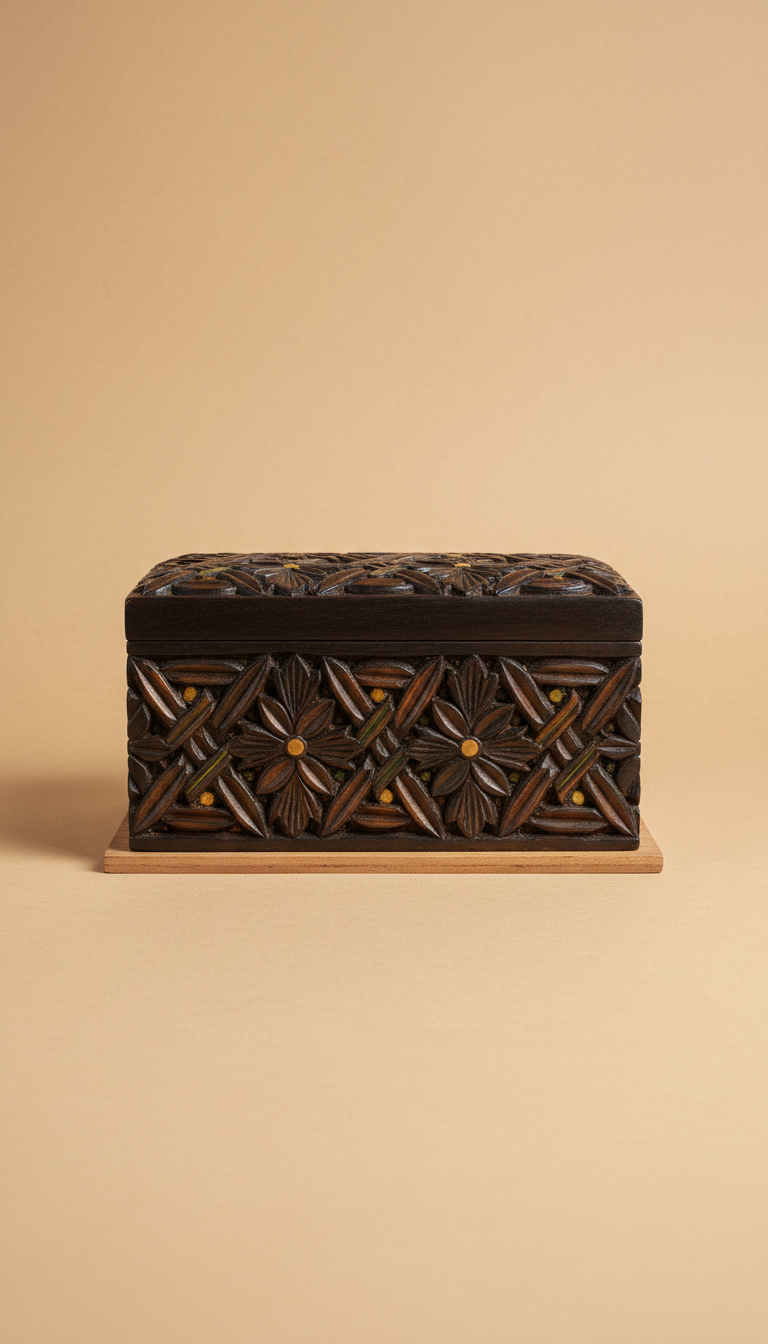 Carved Ebony Jewelry Box with Brass Inlay