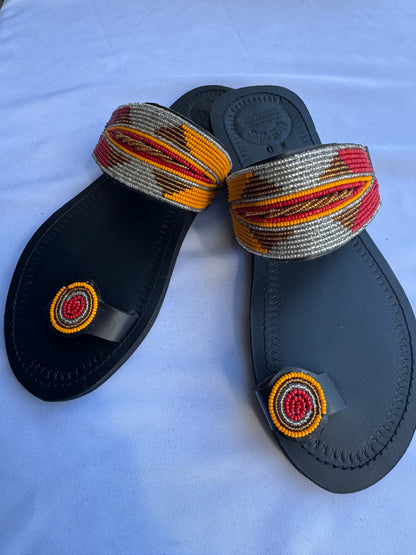 Ayana (US 9-9.5), Style 13 - Silver Orange Red Wave Toe-Loop