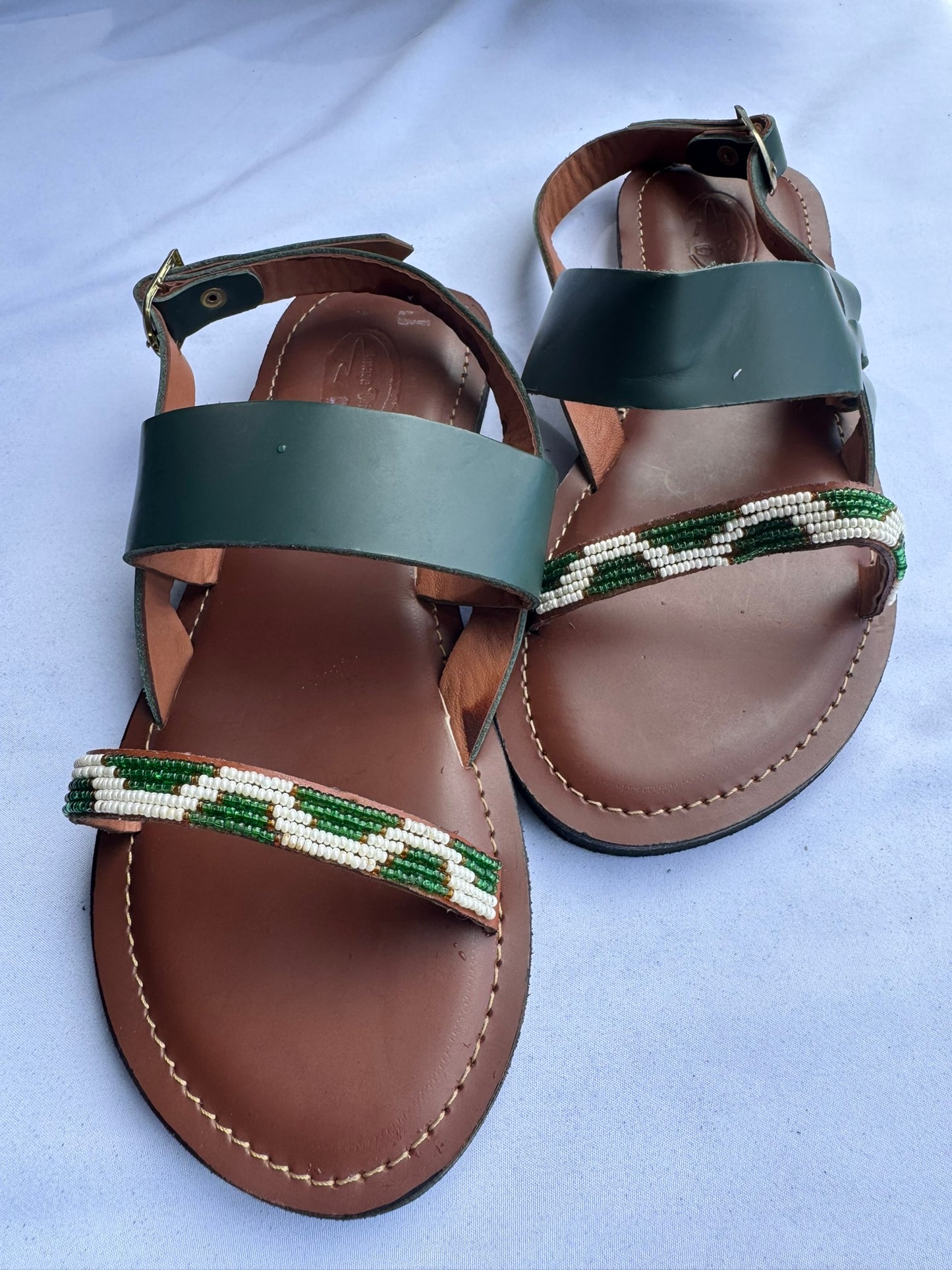 Zahara (US 10-10.5), Style 01 - Green-White Beaded Ankle-Strap