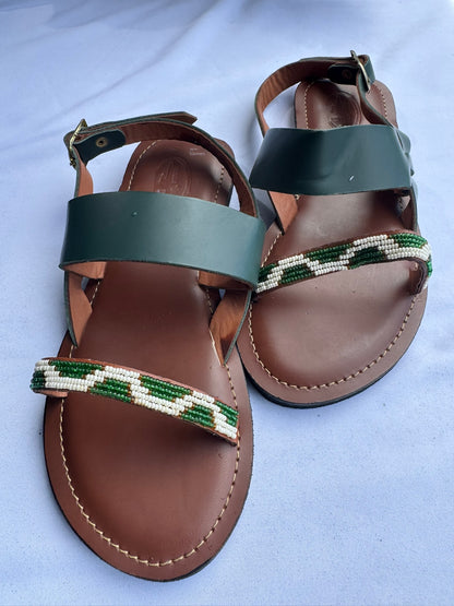 Zahara (US 10-10.5), Style 01 - Green-White Beaded Ankle-Strap