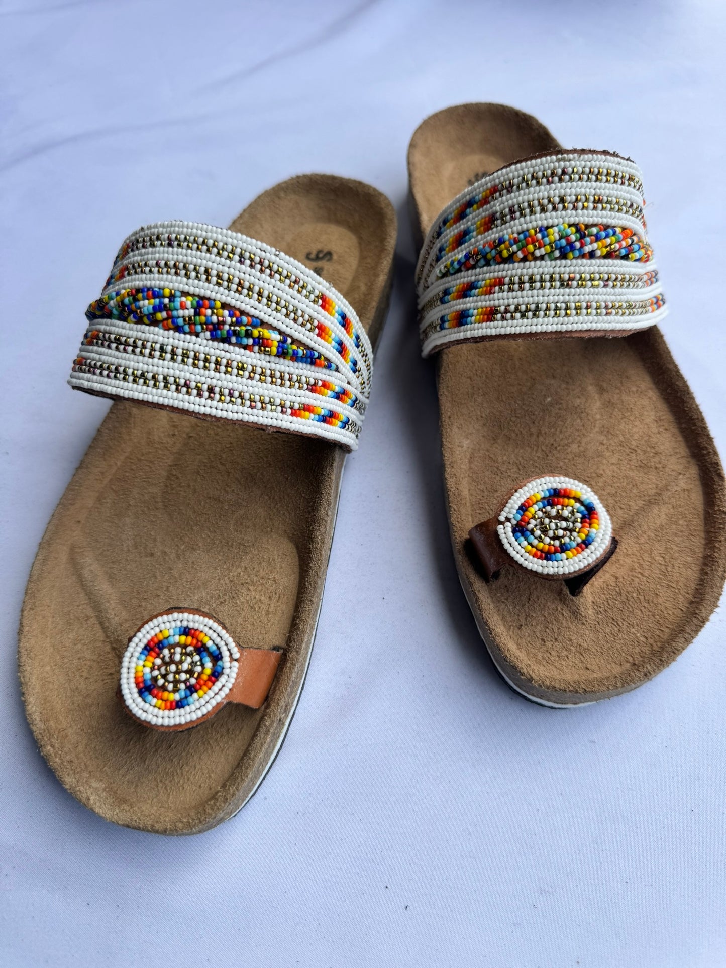 Zahara (US 10-10.5), Style 04 - White Multicolor Stripe Comfort Toe-Loop
