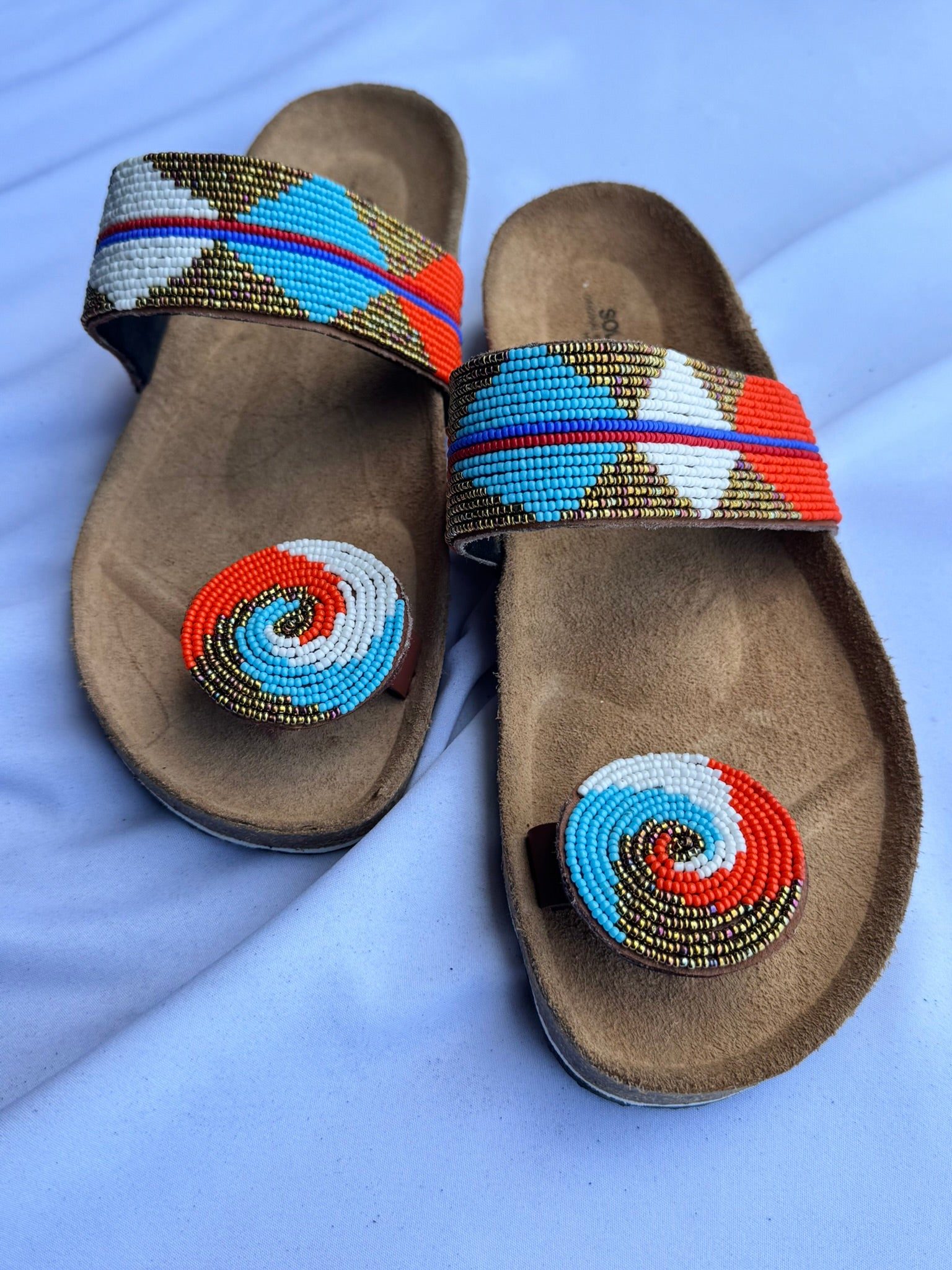 Zahara (US 10-10.5), Style 13 - Aqua Orange White Geometric Band Toe-Loop