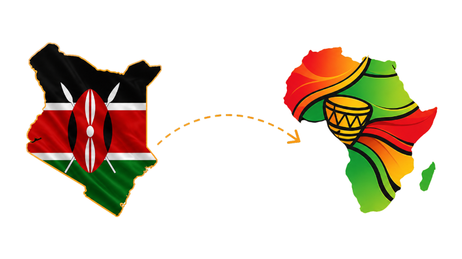 A graphic showing the map silhouette of Kenya on the left with the Kenyan flag, connected by a dashed orange arrow to a stylized map of Africa on the right filled with the African Union flag colors and a drum motif, all on a white background.