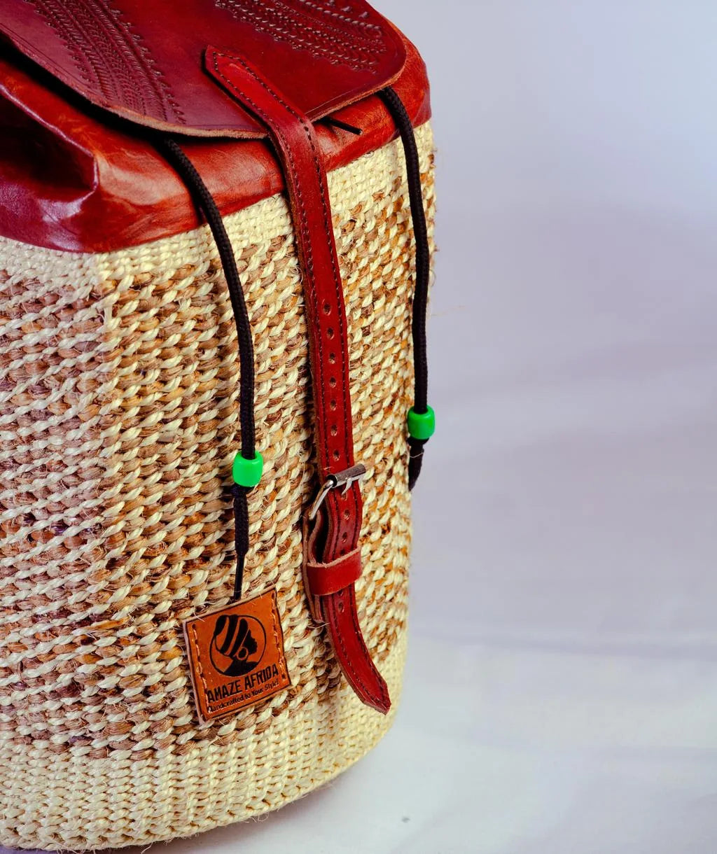 Monkey bag with woven body and leather detail