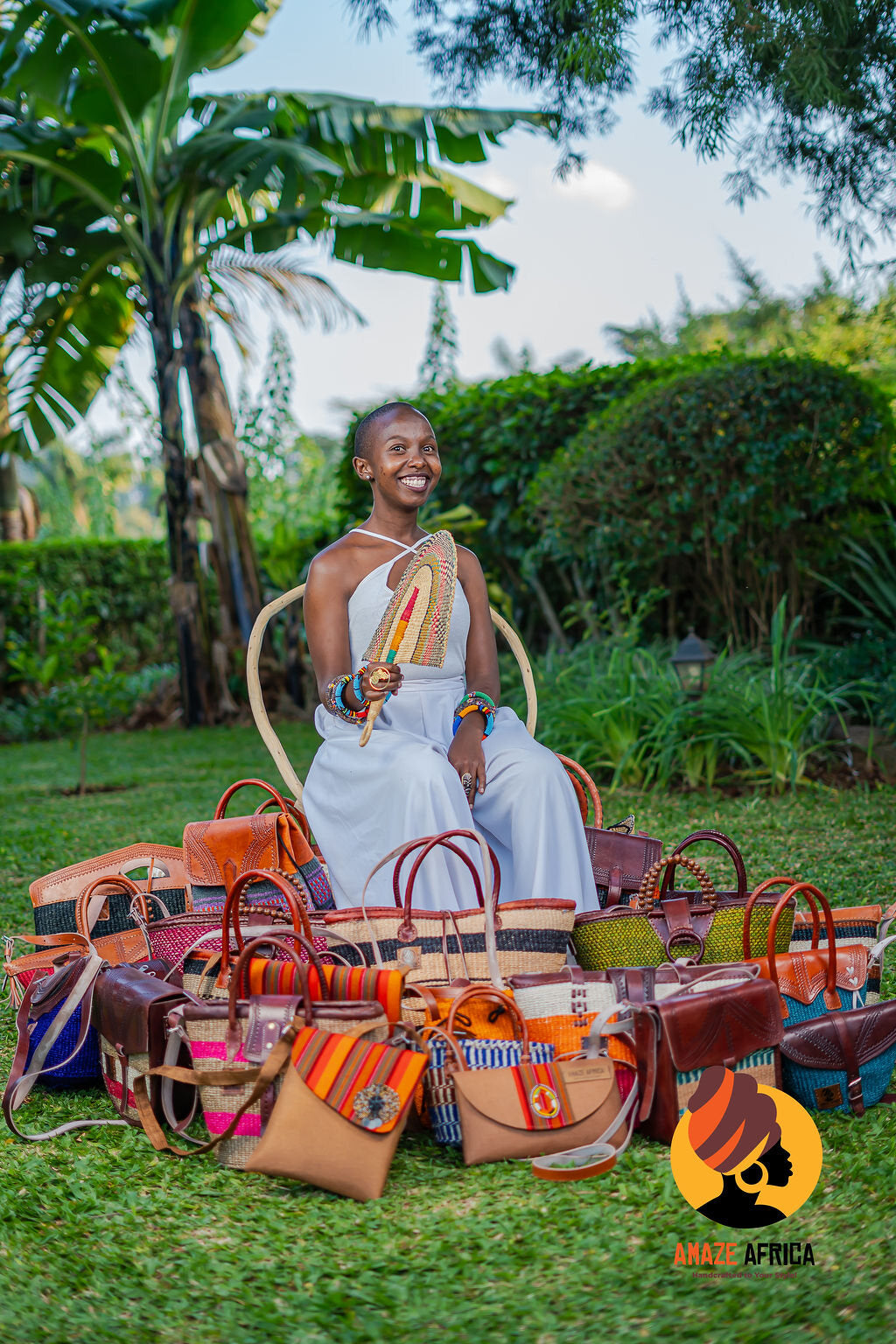 A broad assortment of woven and leather bags