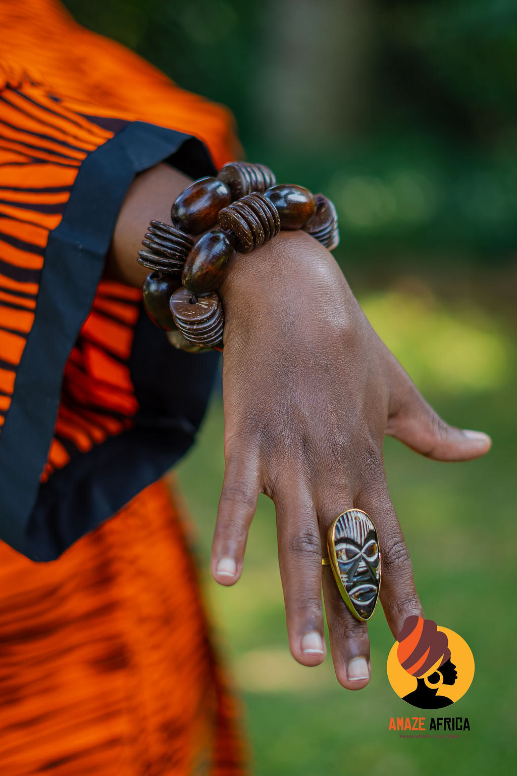 Handcrafted jewelry worn with a colorful outfit