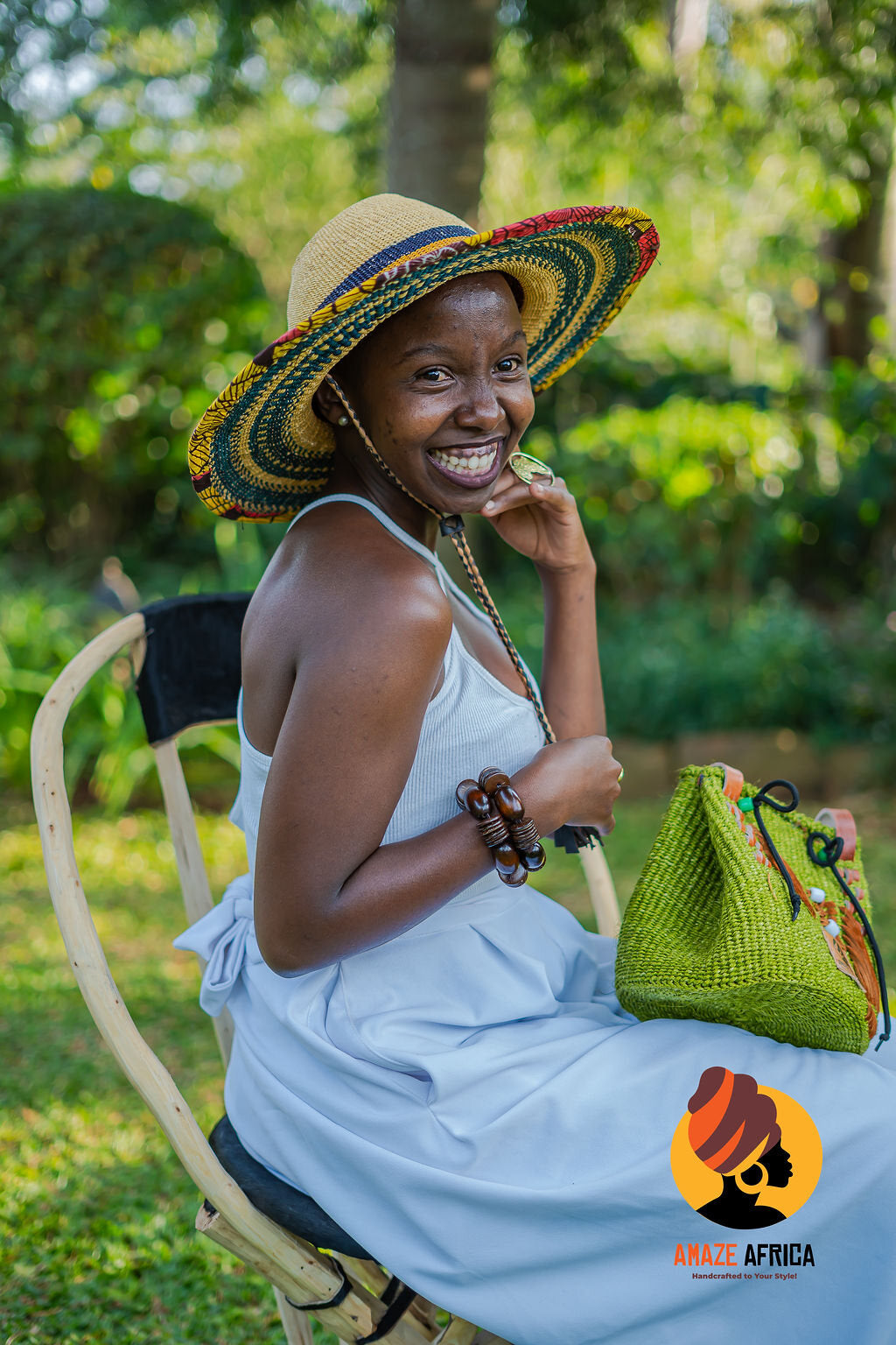Handwoven green bag styled with a woven hat